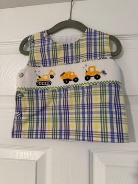 Dovie Jane Yellow & Blue Plaid Smocked boys Top with Construction Trucks - 9 mo